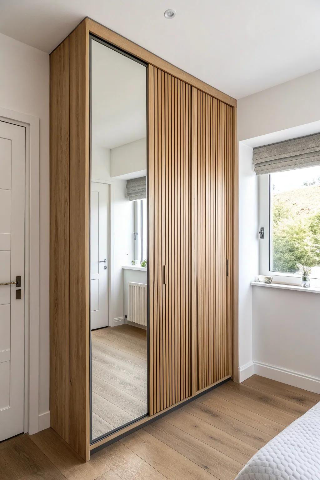 Upgrade a dated mirrored closet door with sleek vertical slats for instant modern warmth.