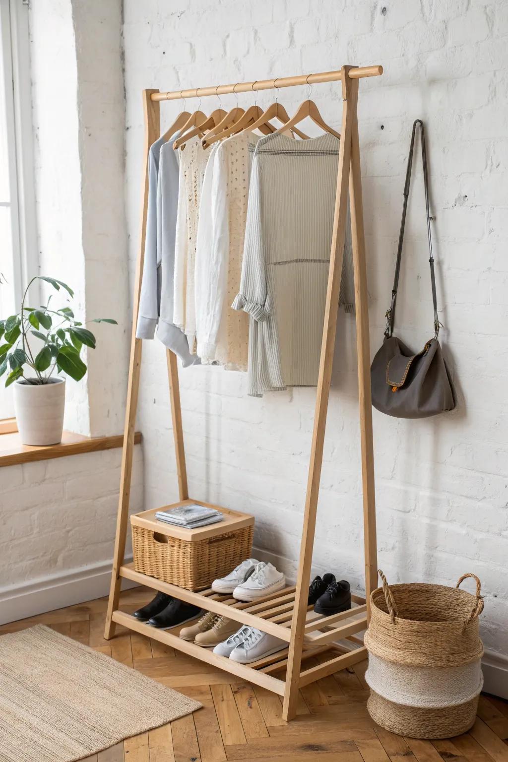 DIY clothes rack with a bottom shoe shelf: minimal, airy storage that stays tidy on busy days.