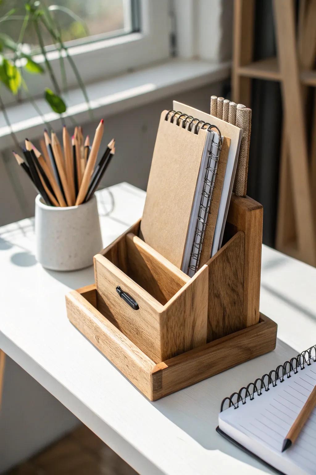 Scrap-wood desktop caddy with notebook slots and pen pockets—minimal, sturdy, small-space ready.