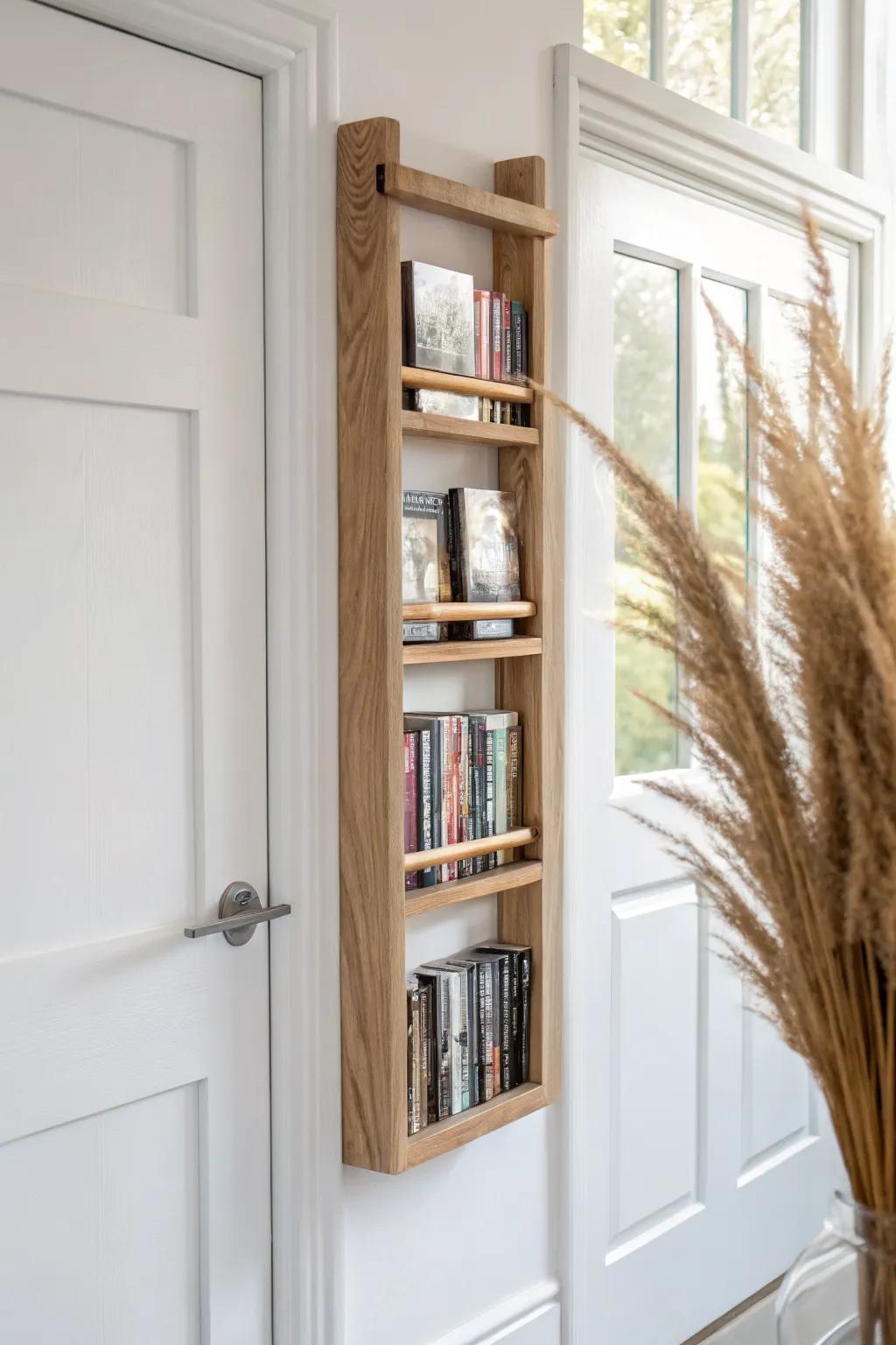 Renter-friendly over-the-door DVD shelves—slim oak rails keep spines visible and tidy.
