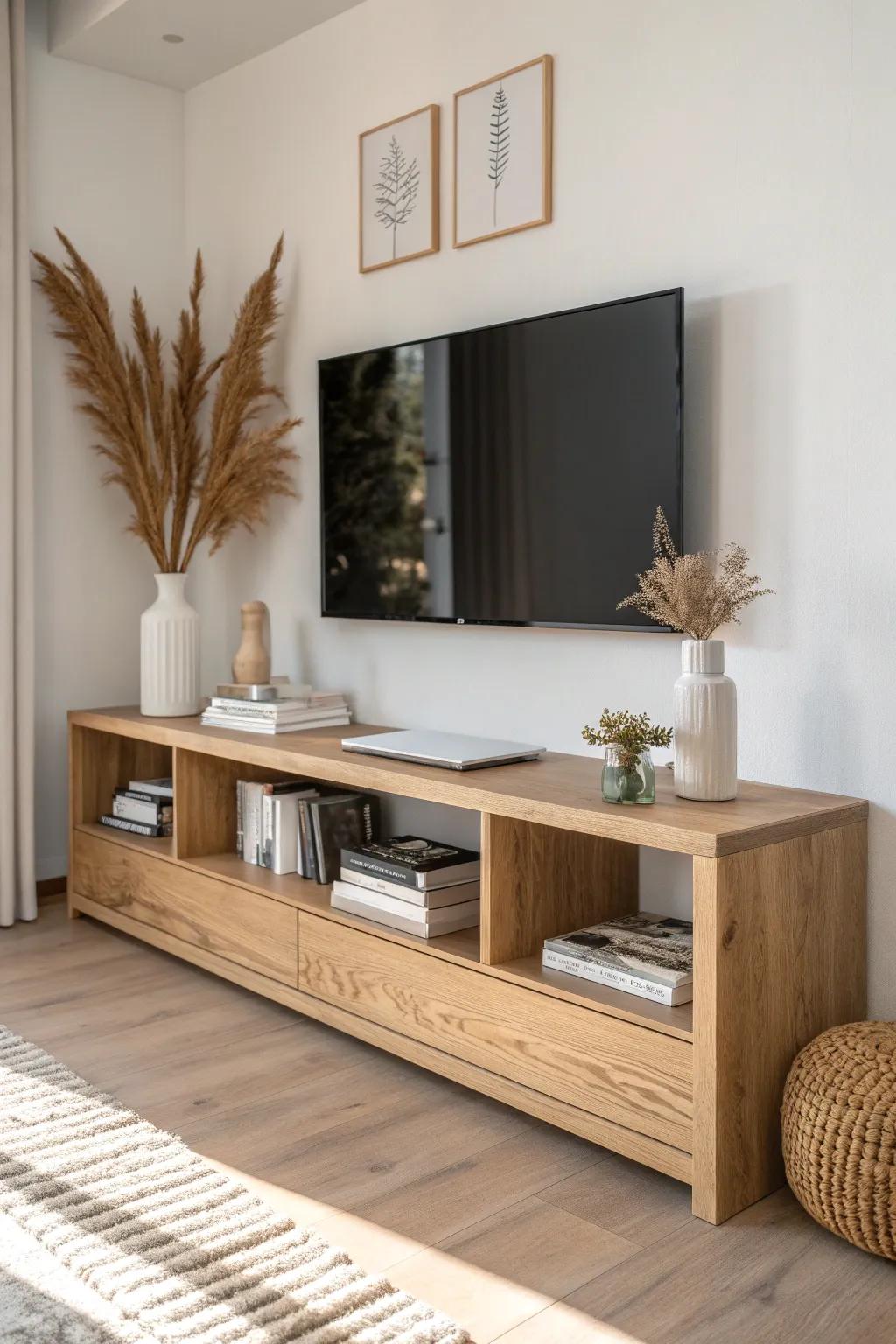 Chunky oak bridge shelf between two towers for a built-in look—without full cabinetry.