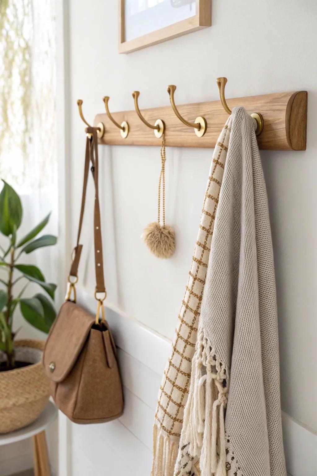 DIY hook rail drop zone: a calm, clutter-free hallway moment in warm oak + brass for small spaces.