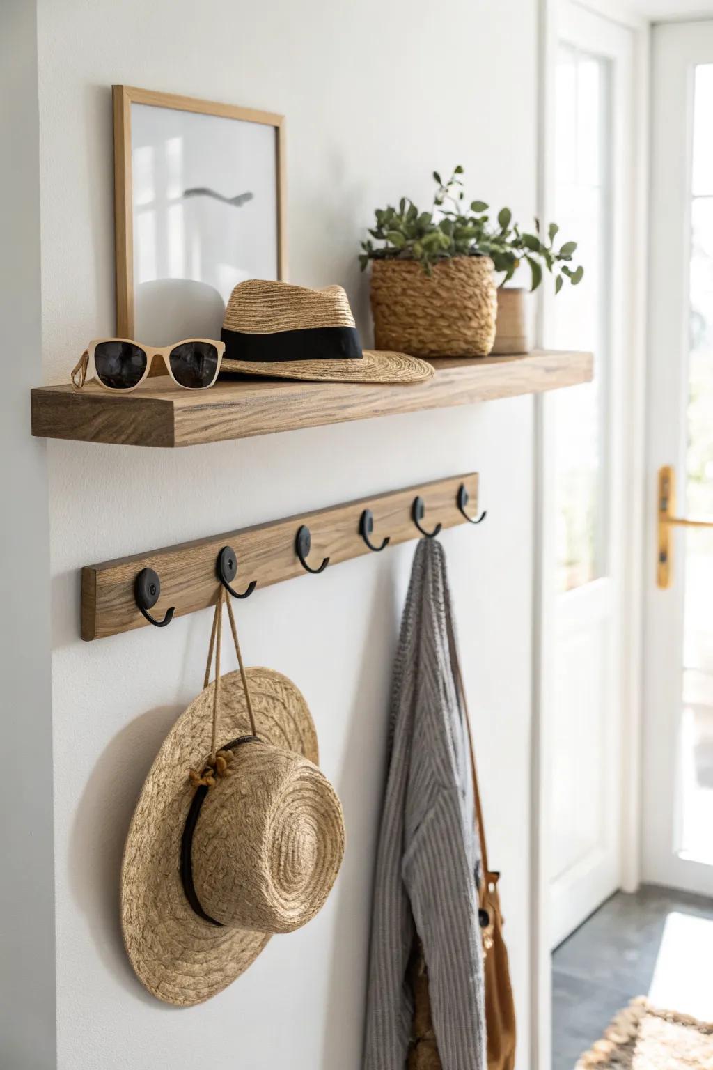 A floating shelf with under-hooks: the prettiest small-entryway hack for hats + sunglasses.