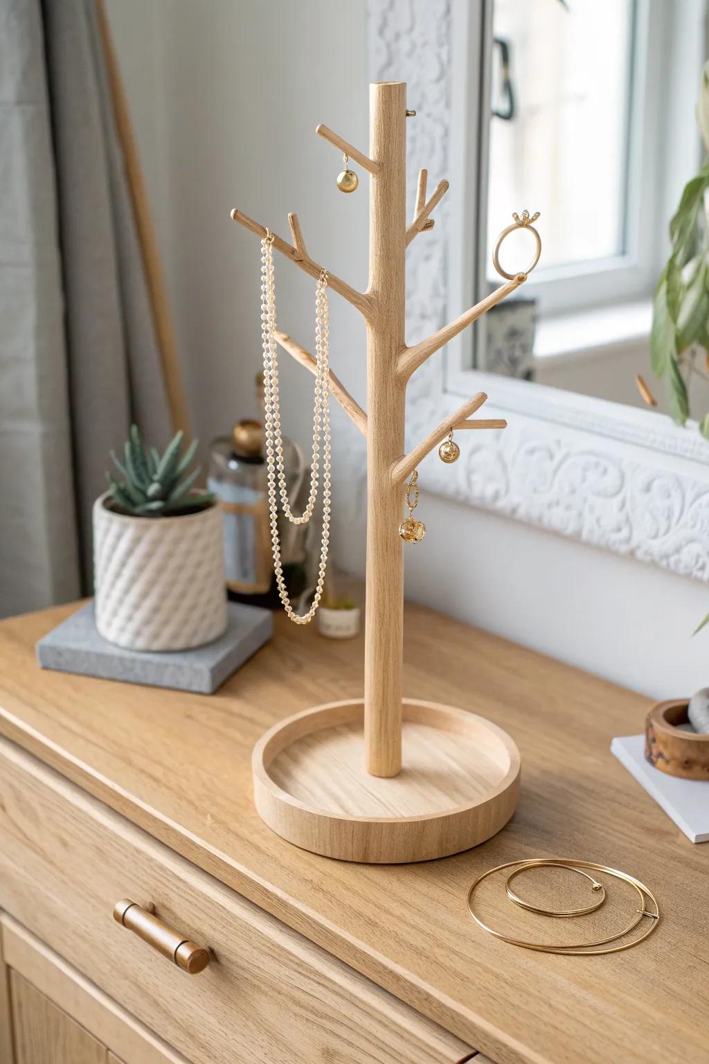 DIY tabletop jewelry tree stand—keep necklaces tangle-free with a clean, minimal look.