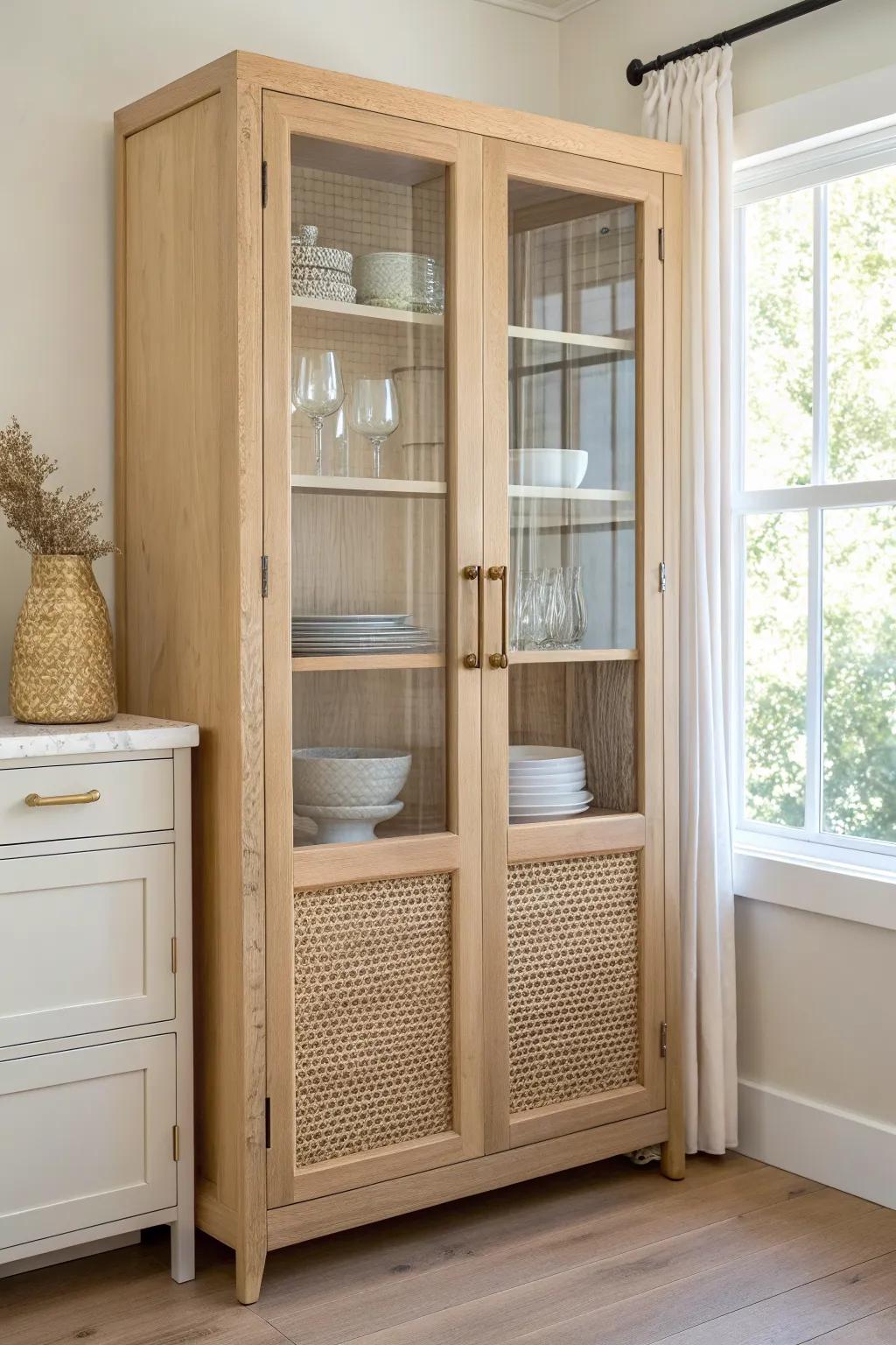 Glass-front doors keep a small kitchen hutch light and airy while still hiding clutter.