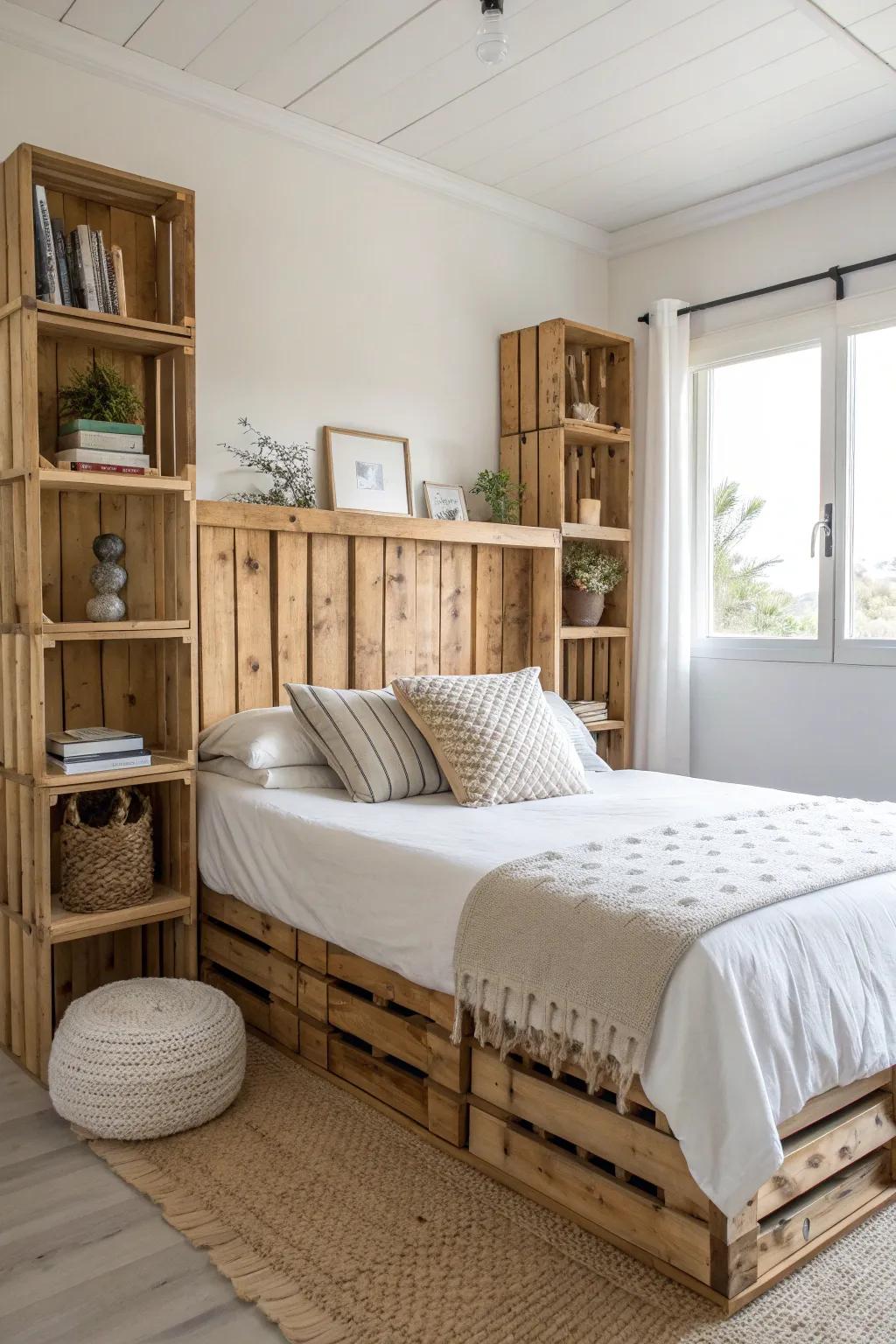 DIY crate headboard cubbies: chic, low-cost storage that replaces a nightstand in small bedrooms.