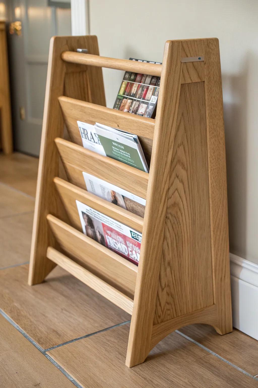 Elevate your space with a touch of modern elegance: a handcrafted minimalist wooden magazine stand that blends form and function.