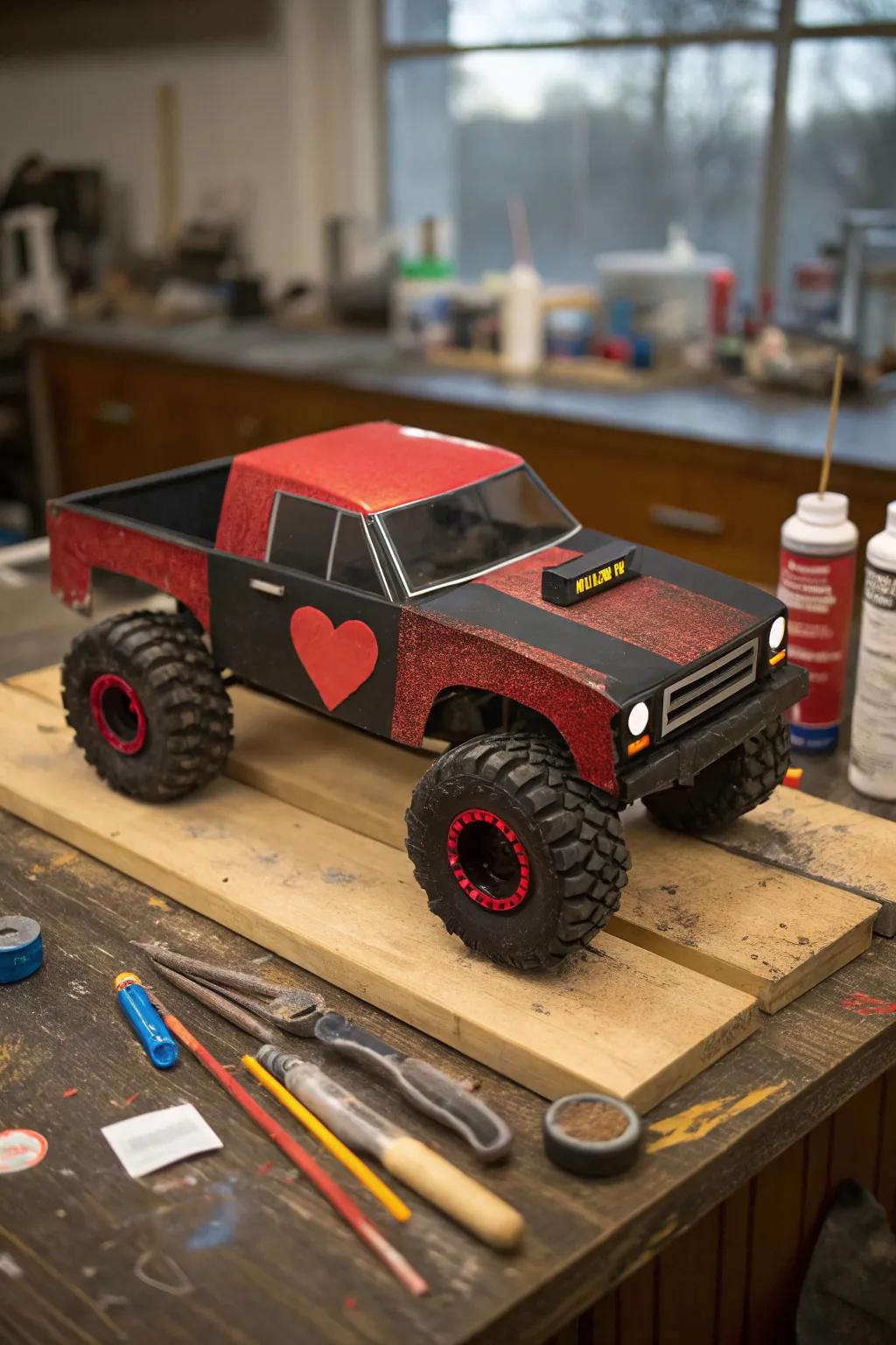Peek into creativity: A handcrafted monster truck Valentine box with reflective windows!