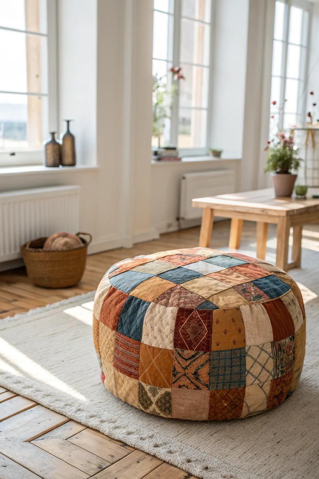 Add a splash of color and craftsmanship to your space with a DIY patchwork pouf. Perfect for a cozy, minimalist touch!