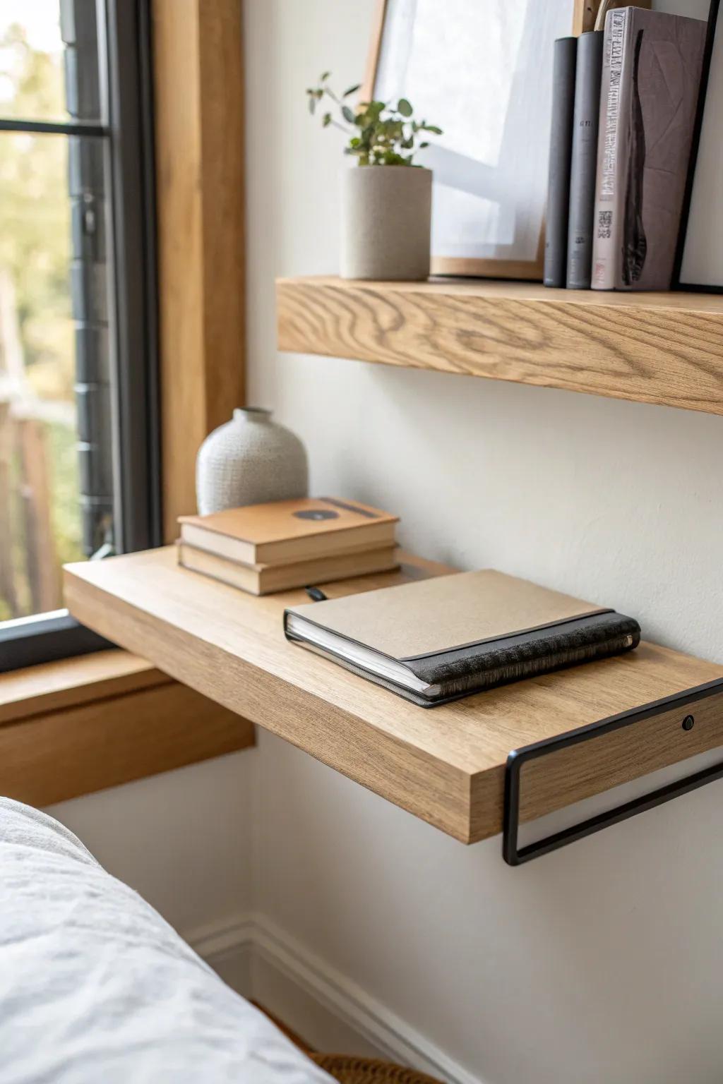 DIY floating desk shelf keeps a tiny bedroom work zone tidy—minimal Scandi with boho warmth.