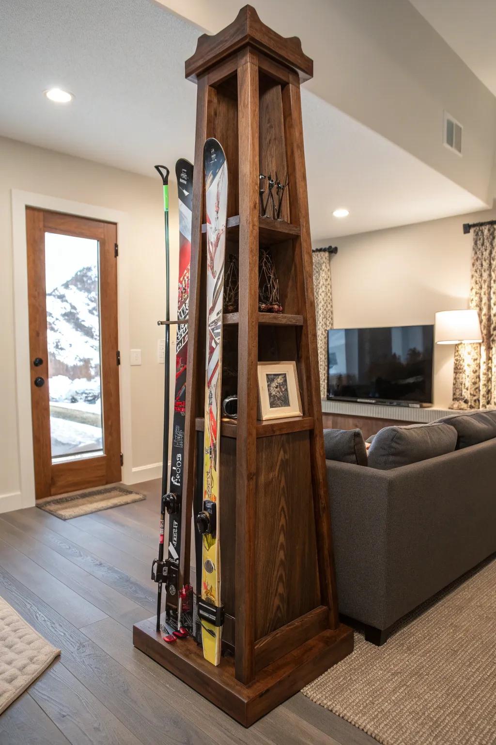 Elevate your ski storage with a handcrafted corner tower that fuses elegance with functionality.