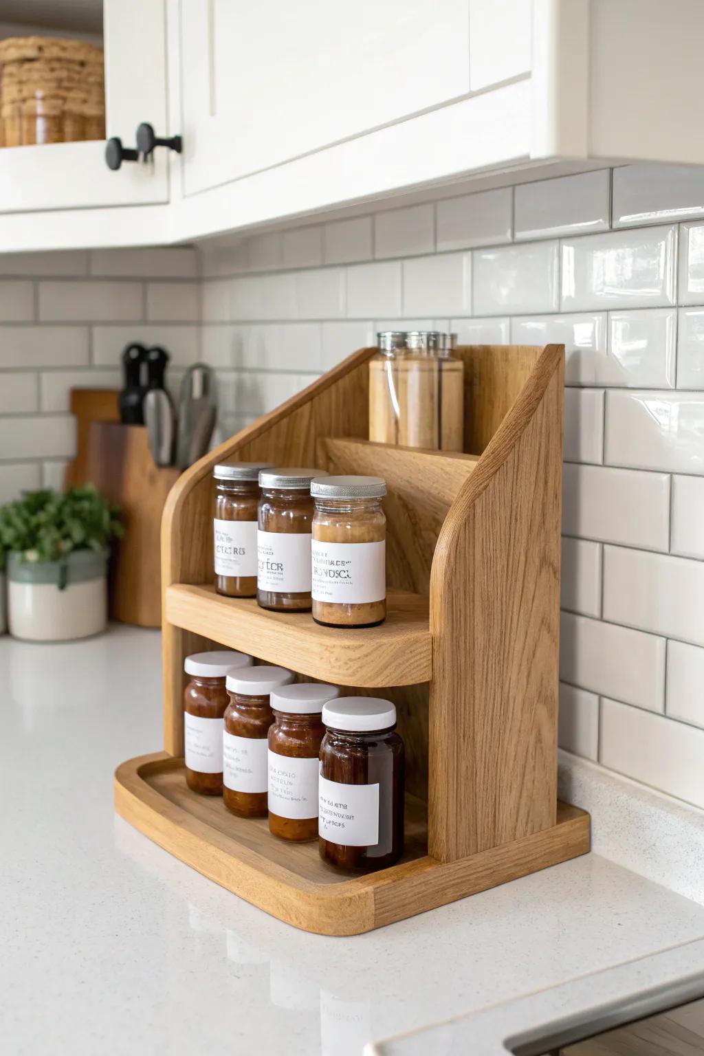 DIY L-shaped corner spice rack in warm oak—keeps tight counters tidy and beautifully minimal.