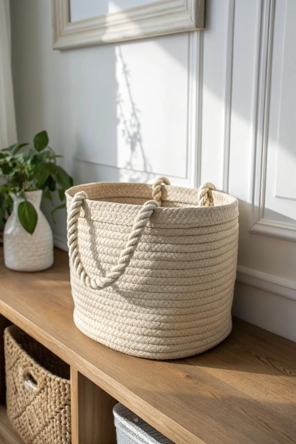 Chunky rope handles make this DIY fabric basket look finished—and easy to grab from shelves.