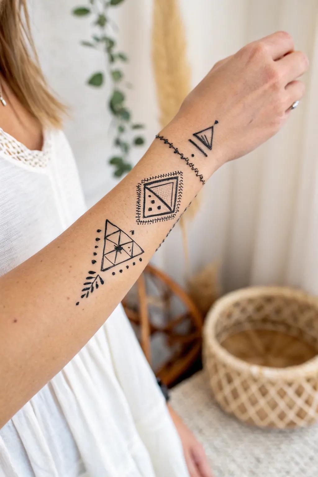 Embrace modern elegance with geometric temporary tattoos—perfect for a minimalist's touch of creativity.