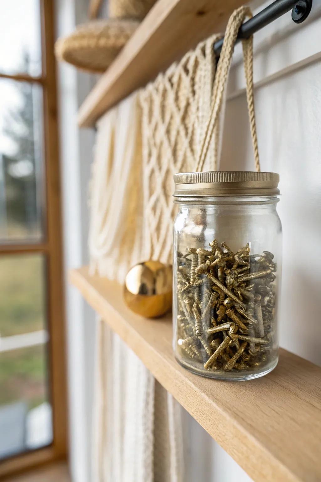 Under-shelf screw jar storage that turns dead space into a clean, grab-and-go system.