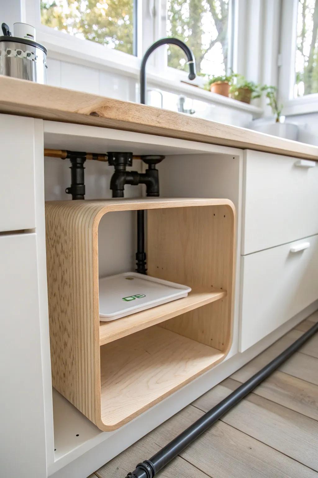 A custom U-shaped shelf that wraps around pipes—simple, chic, and perfect for small sinks.