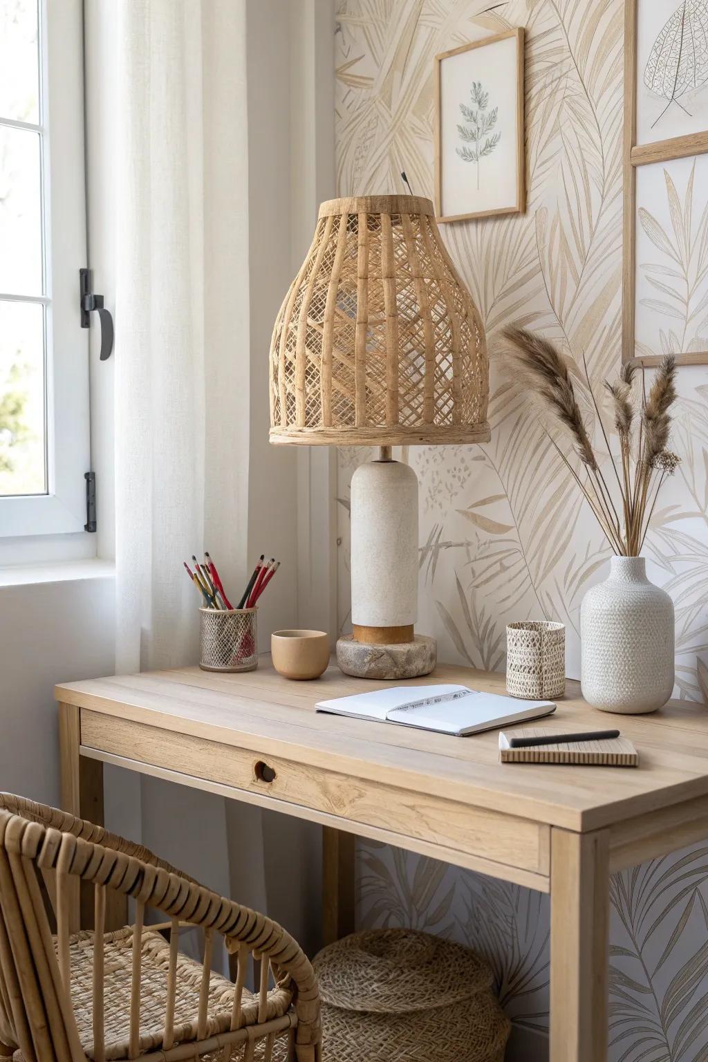 DIY wallpaper behind the desk turns a tiny nook into a polished home office backdrop.