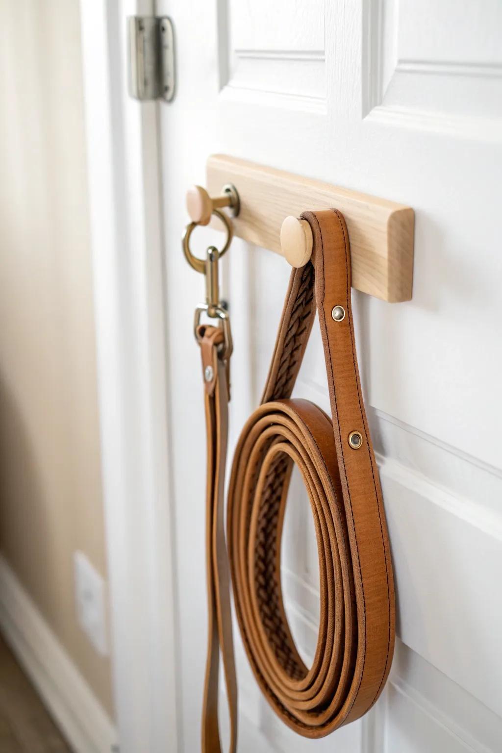 A hidden grab-and-go leash hook inside the closet door—minimal, tidy, and beautiful.