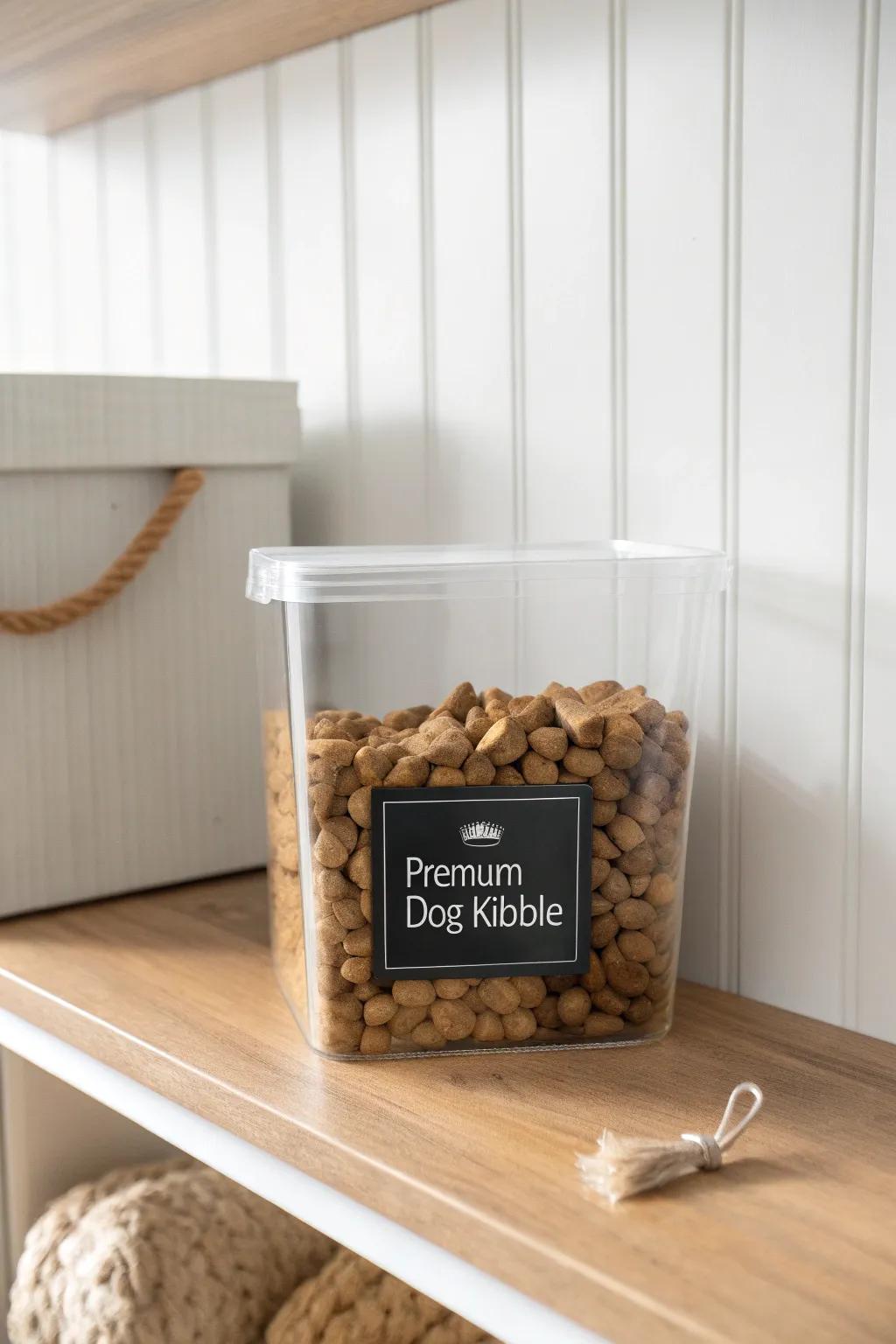 A clear pantry bin turns dog food storage into a tidy, easy-to-restock mini command center.
