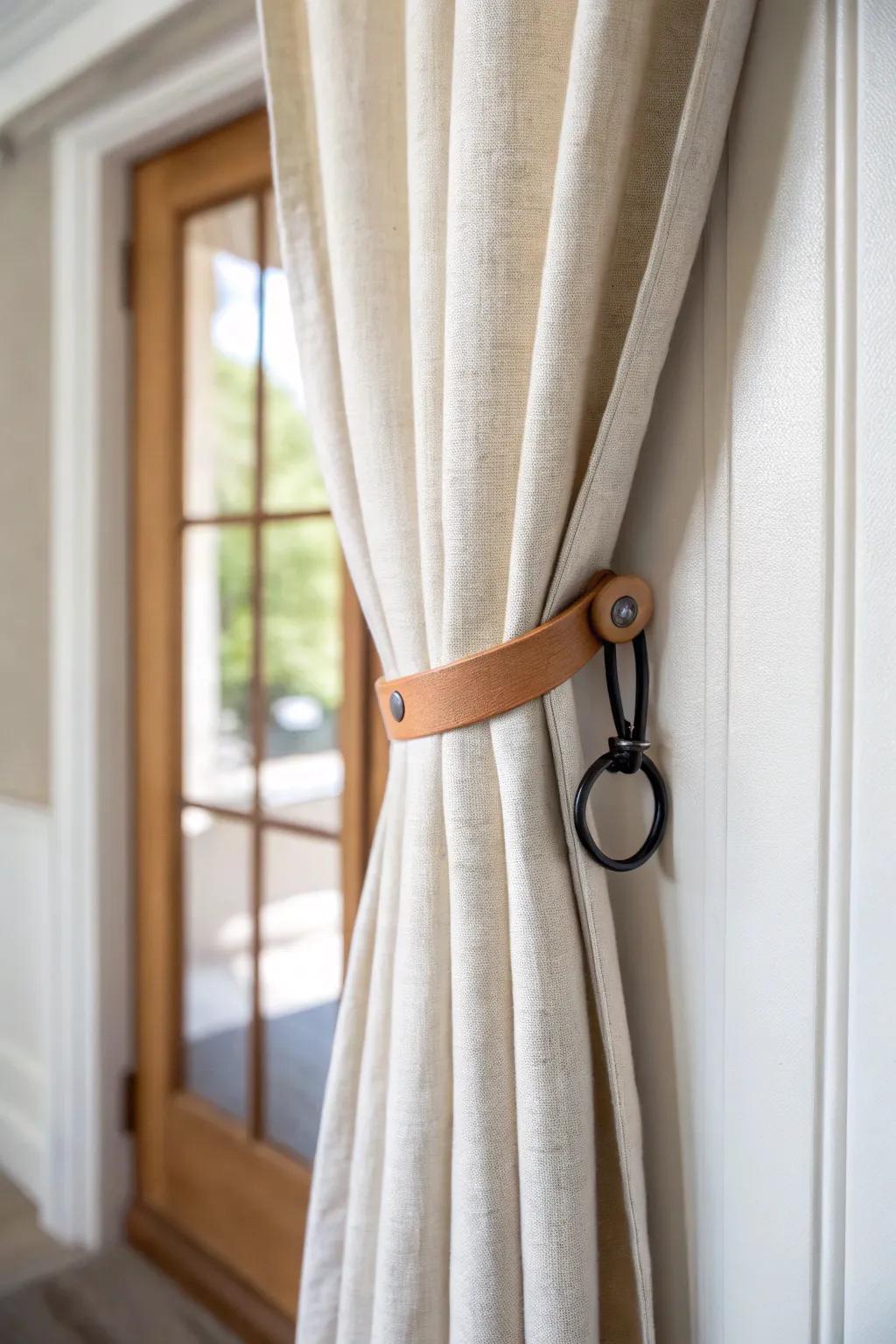 A simple tie-back keeps your doorway curtain open and polished—no fabric flopping into your way.