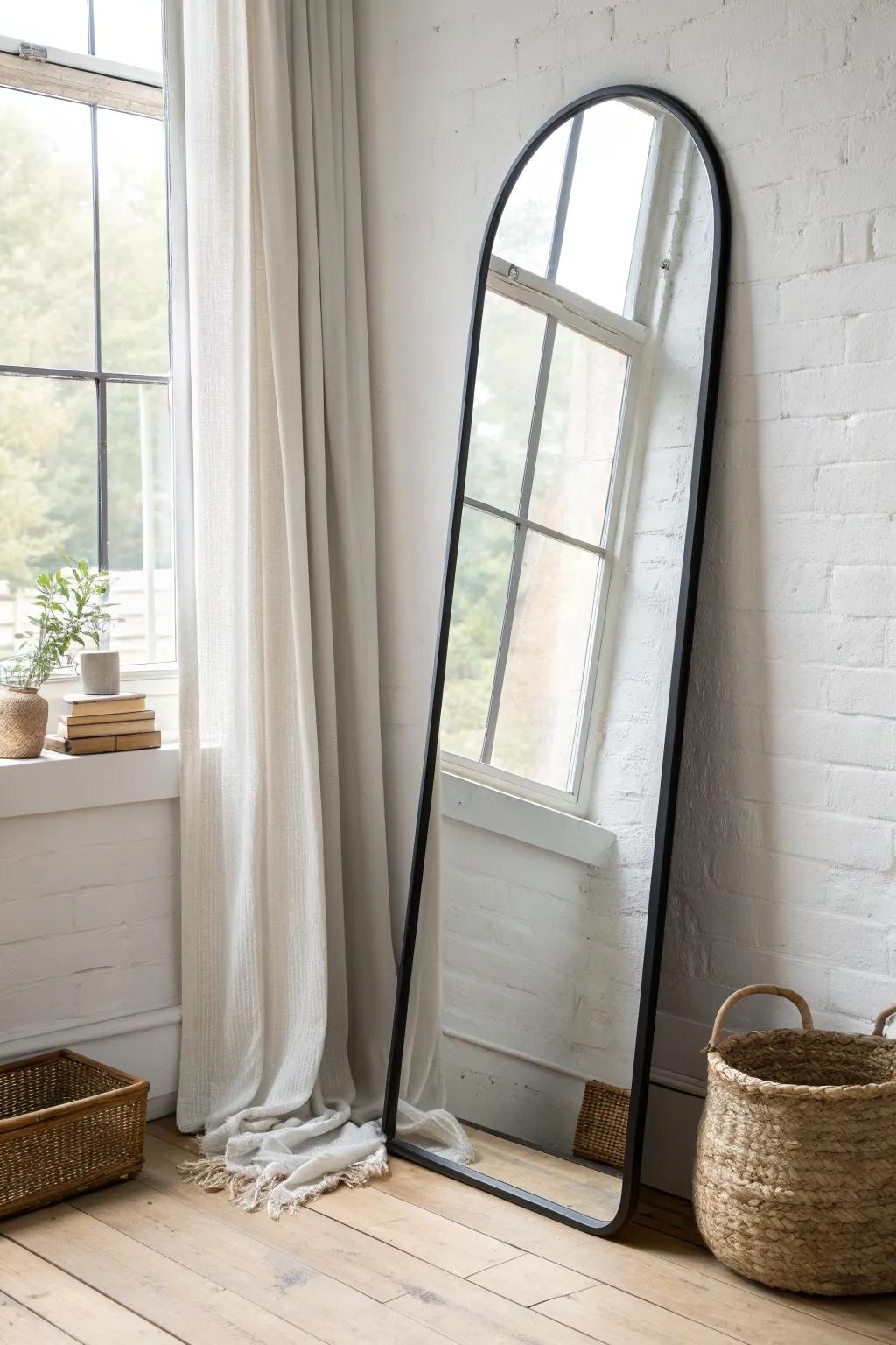 A tall full-length mirror by the window makes a tiny dorm feel brighter, bigger, and chic.