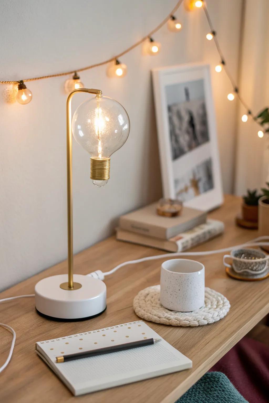 Layer a warm desk lamp with twinkly ambient lights to make late-night study sessions cozy.