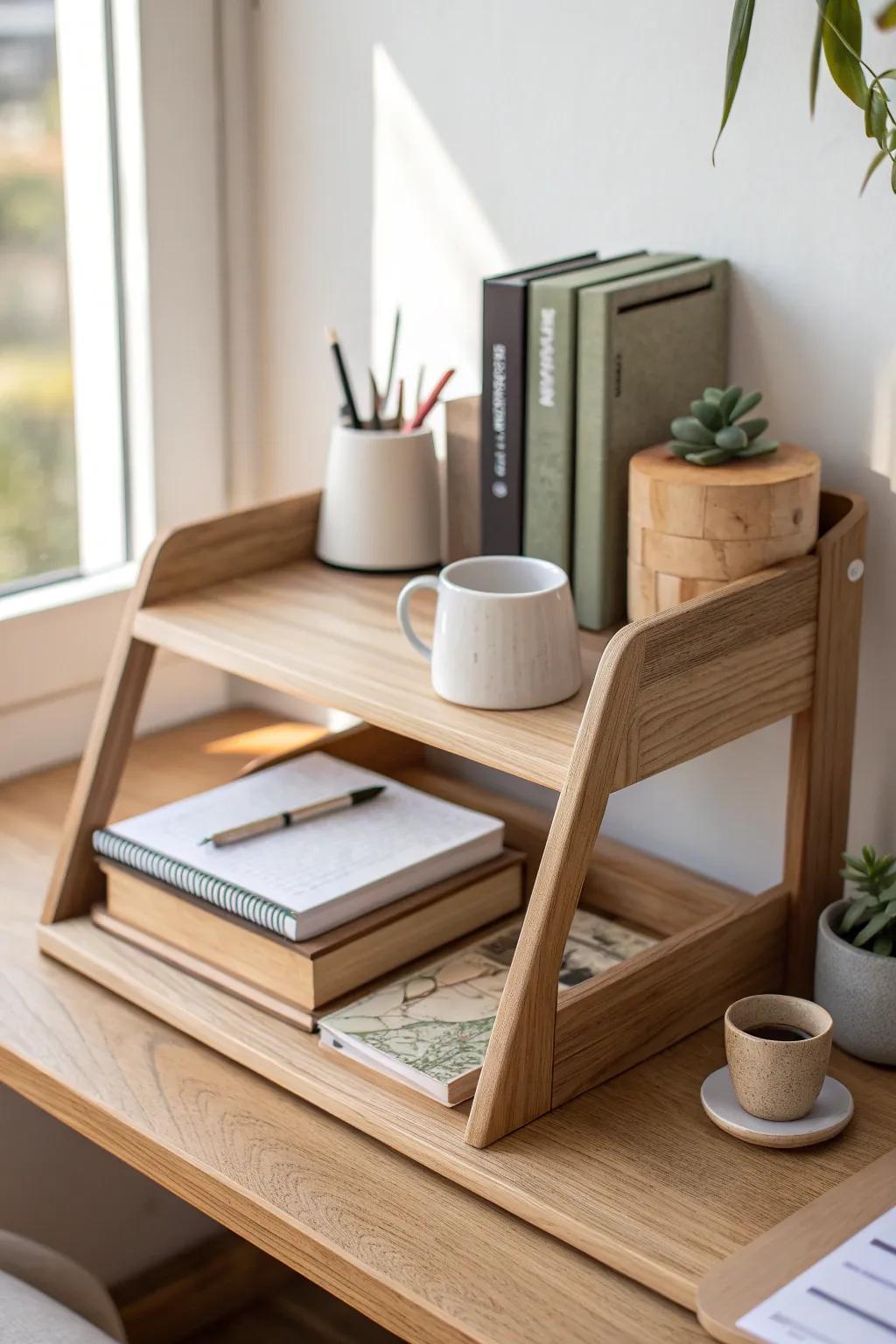 A simple desktop shelf lifts supplies up—so your dorm desk stays clear and calm.
