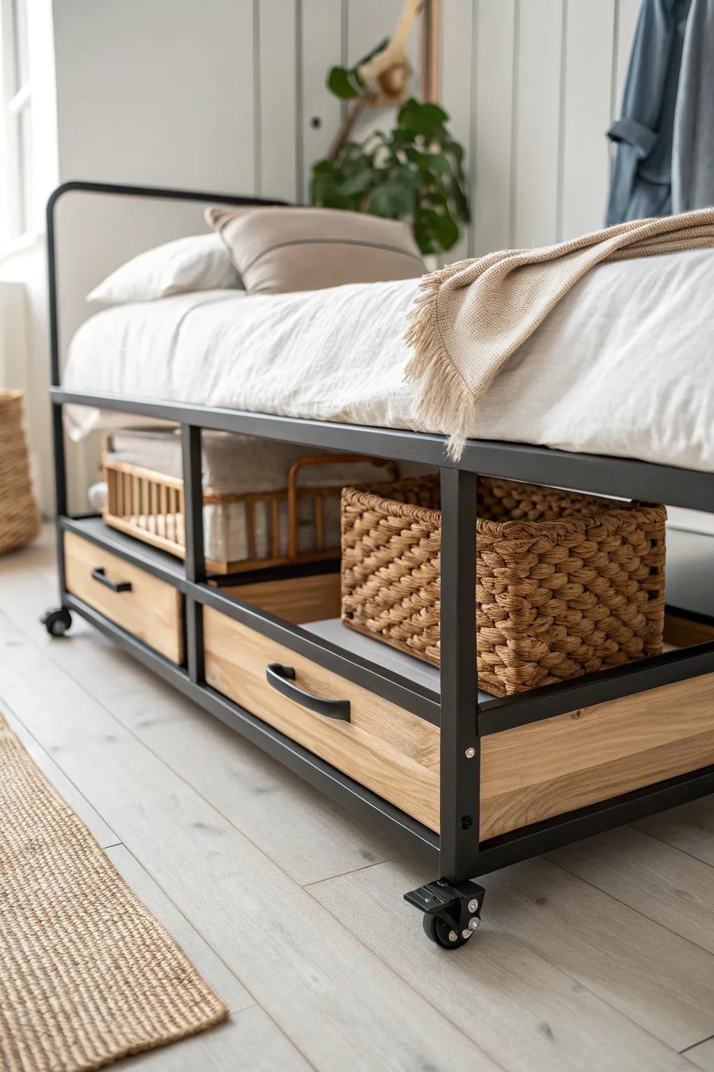 A sleek under-loft rolling cart turns unused dorm space into a tidy storage + study zone.
