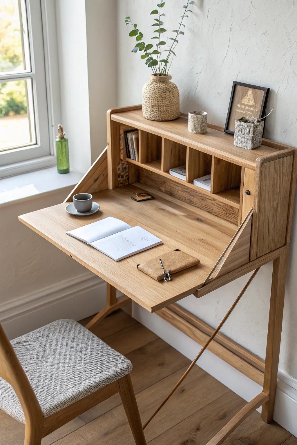A fold-down desk that disappears after studying—instant floor space in a tiny dorm.