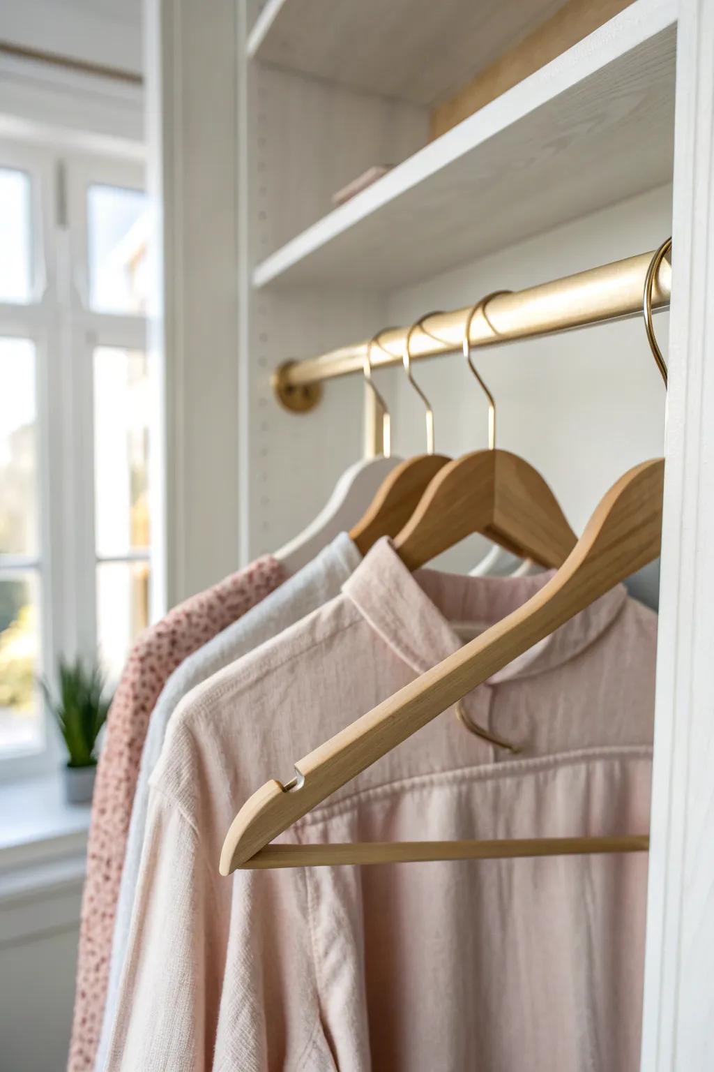 Slim velvet hangers + a simple double-hang rod instantly doubles dorm closet space.