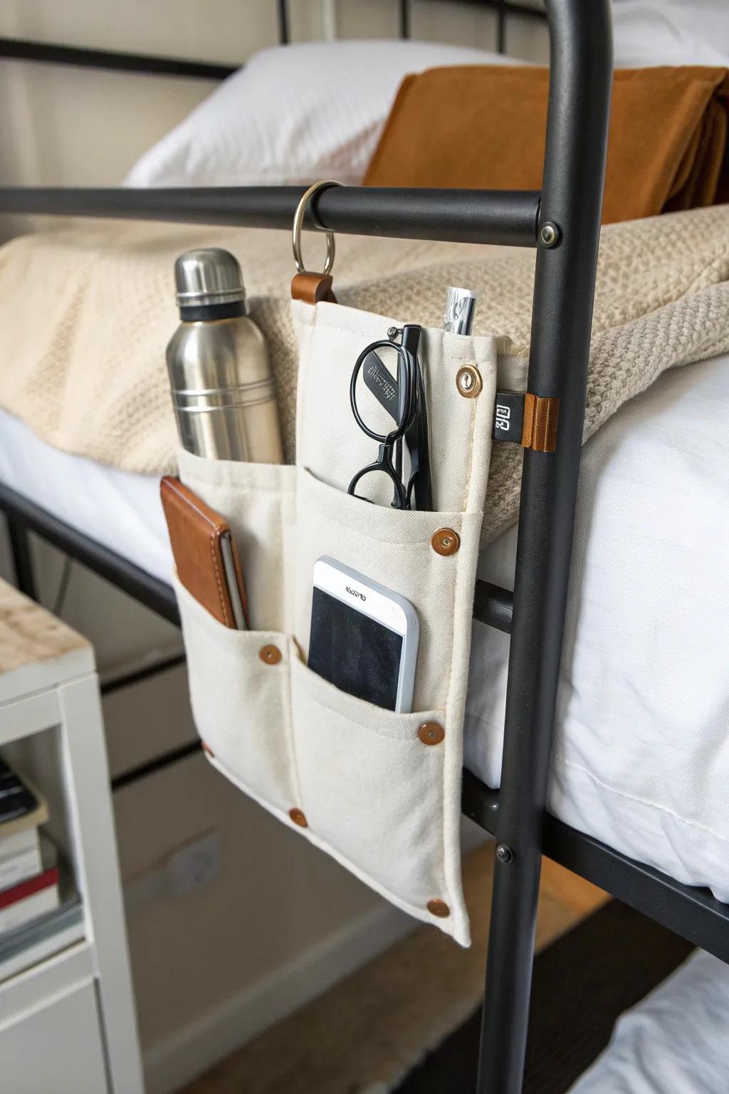 Loft-bed essential: a bedside caddy keeps phone, charger, glasses and water within reach.