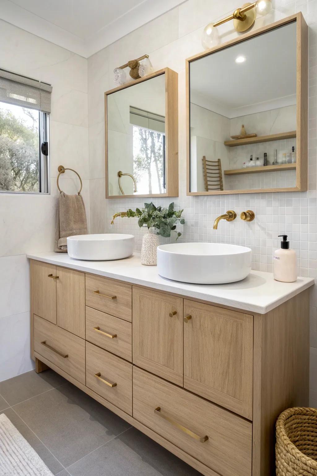 Light tones and a floating double vanity keep a tiny bathroom feeling calm and spacious.