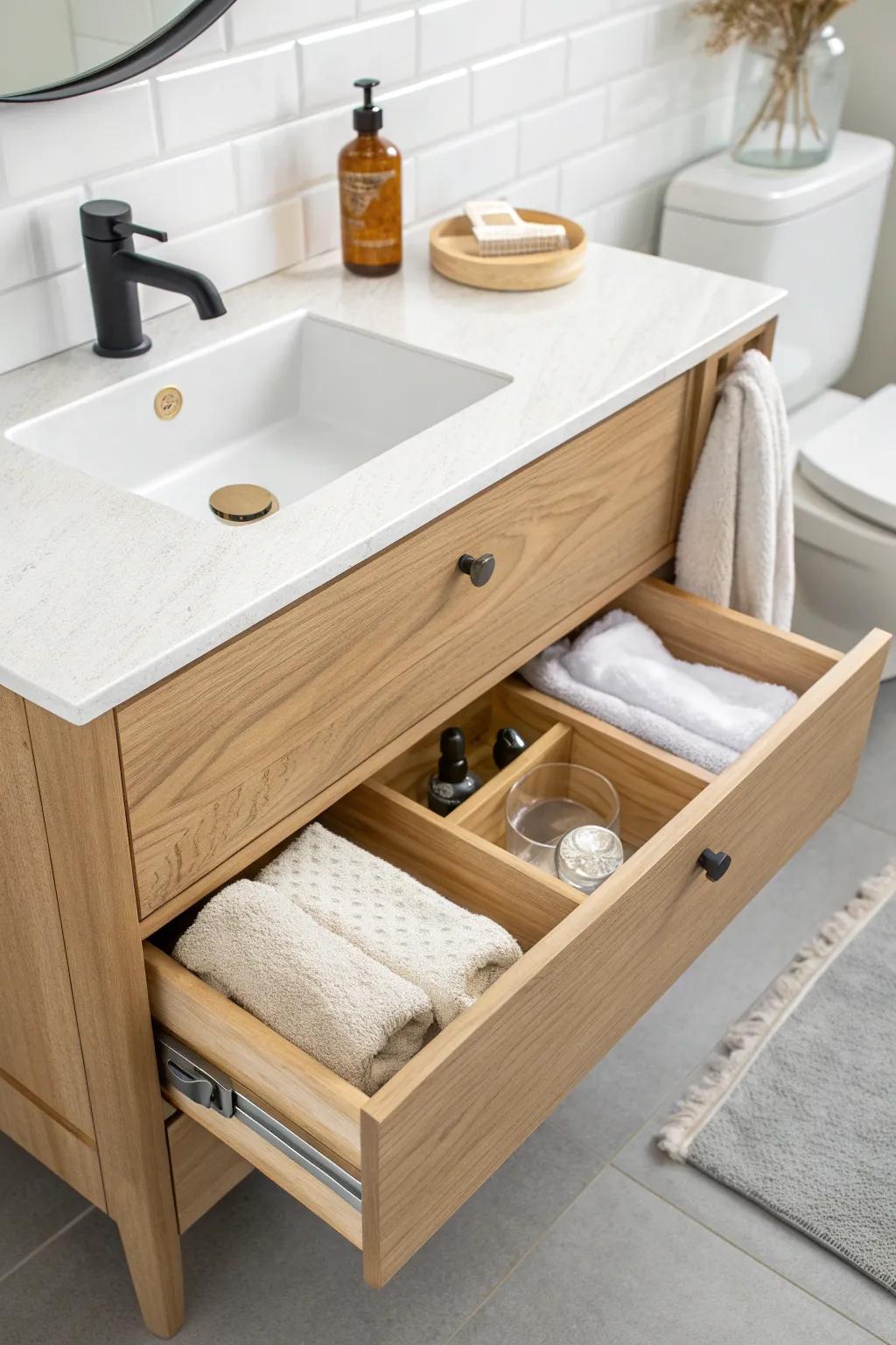U-shaped under-sink drawer that fits around pipes—beautiful, tidy storage for small bathrooms.