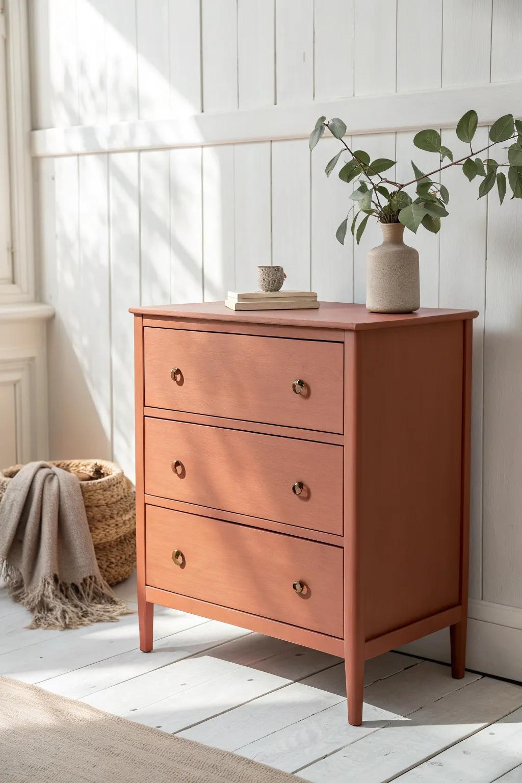 Warm terracotta paint turns a small dresser into a cozy focal point against crisp white walls.