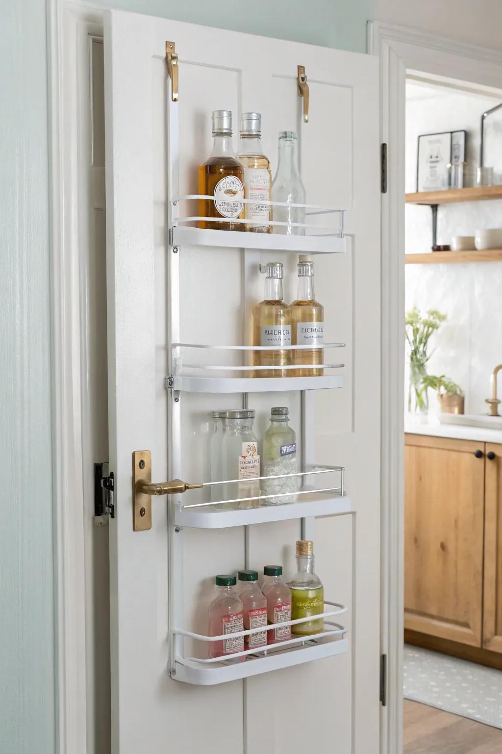Turn an unused door into chic drink storage—mixers and mini bottles neatly in reach.