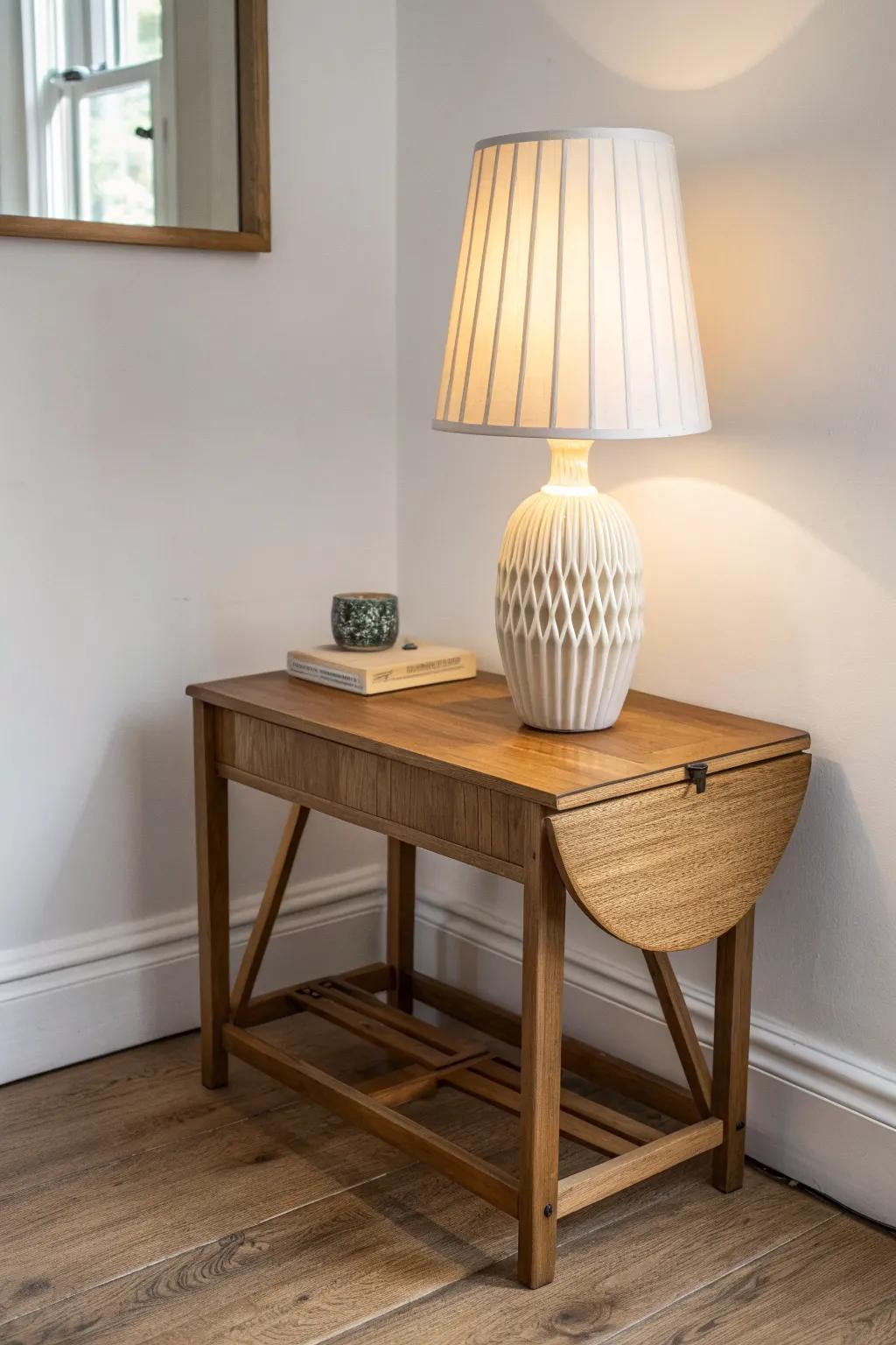 One statement lamp on a folded drop leaf table creates a cozy, glowing small-space nook.