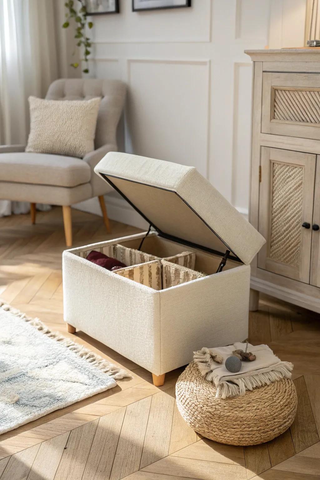 A cozy storage ottoman hides your DVD stash—sorted in bins for zero lid-lift avalanches.