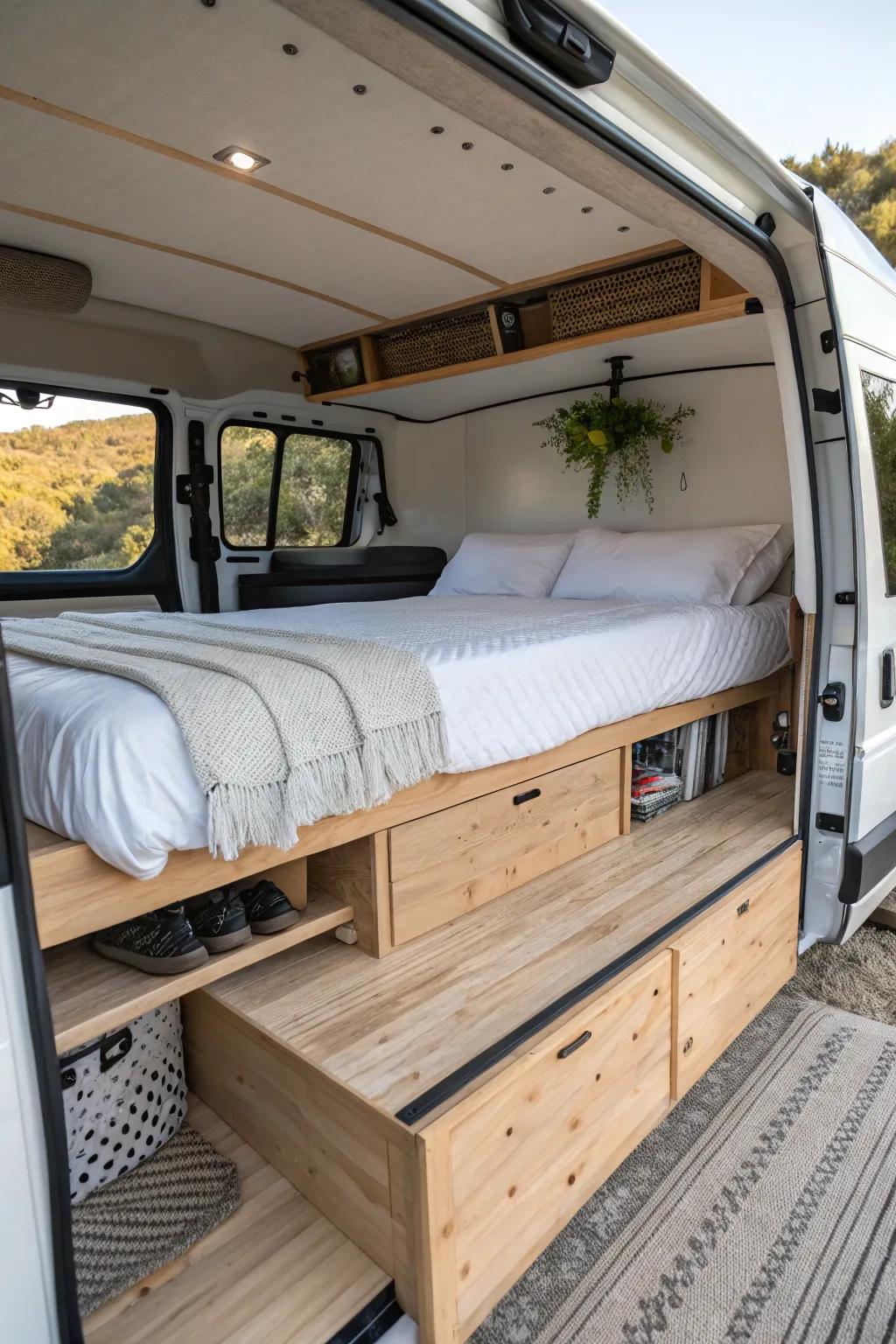 Half bed, half E‑track gear bay—sleep cozy on one side and store bins or a bike on the other.