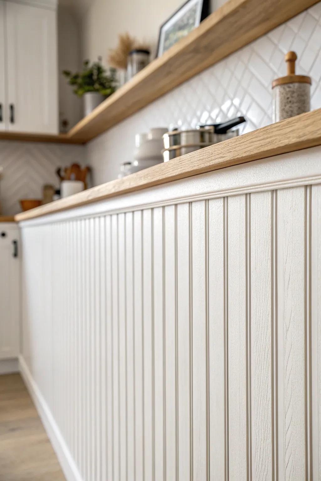 Cozy beadboard sheets add warm texture to a tiny kitchen—simple, bright, and clutter-free.