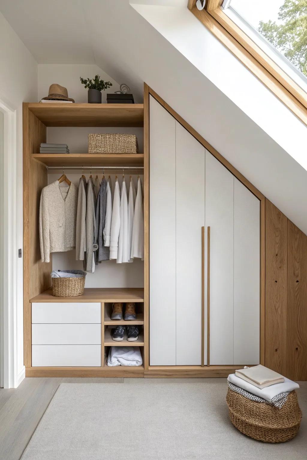A short-hanging eaves wardrobe keeps shirts and jackets tidy—practical storage without wasted height.