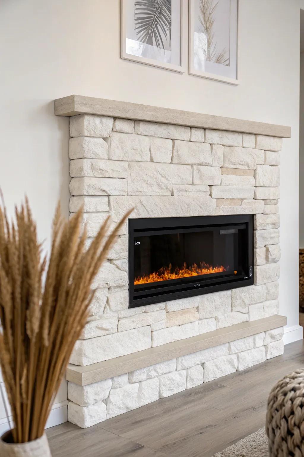 Instant cabin vibes for small rooms: a wall-mounted electric fireplace in a lightweight stone-look frame.