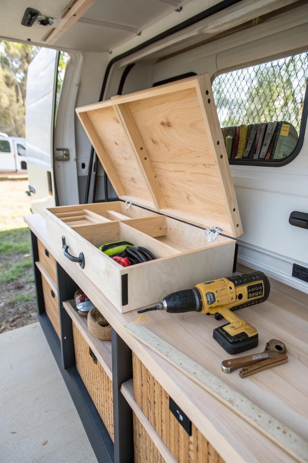 Flip-top trailer workbench: clean surface on top, hidden storage beneath for everyday tools.