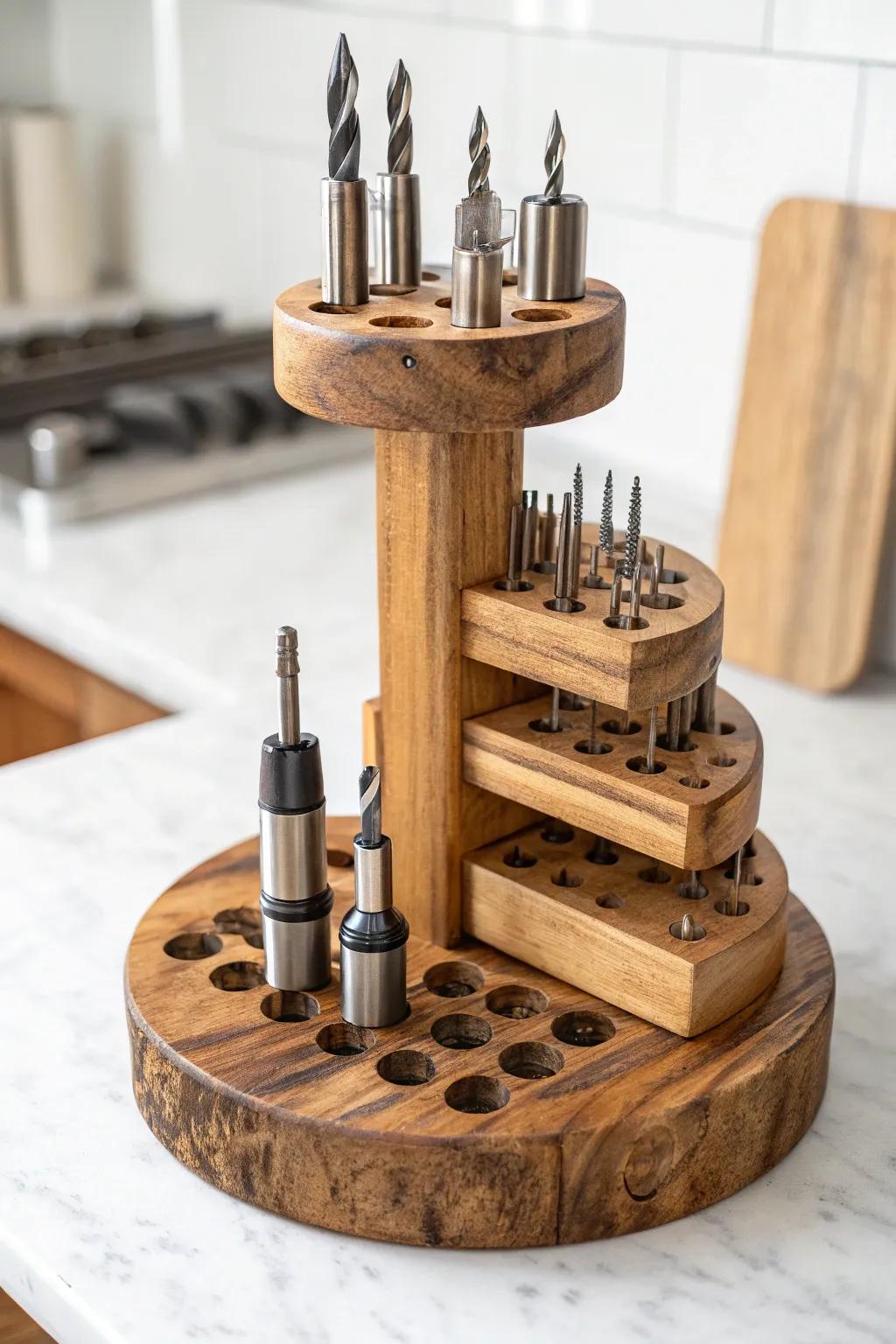 Elevate your workspace with a handcrafted tiered holder for end mills, blending functionality and craftsmanship.