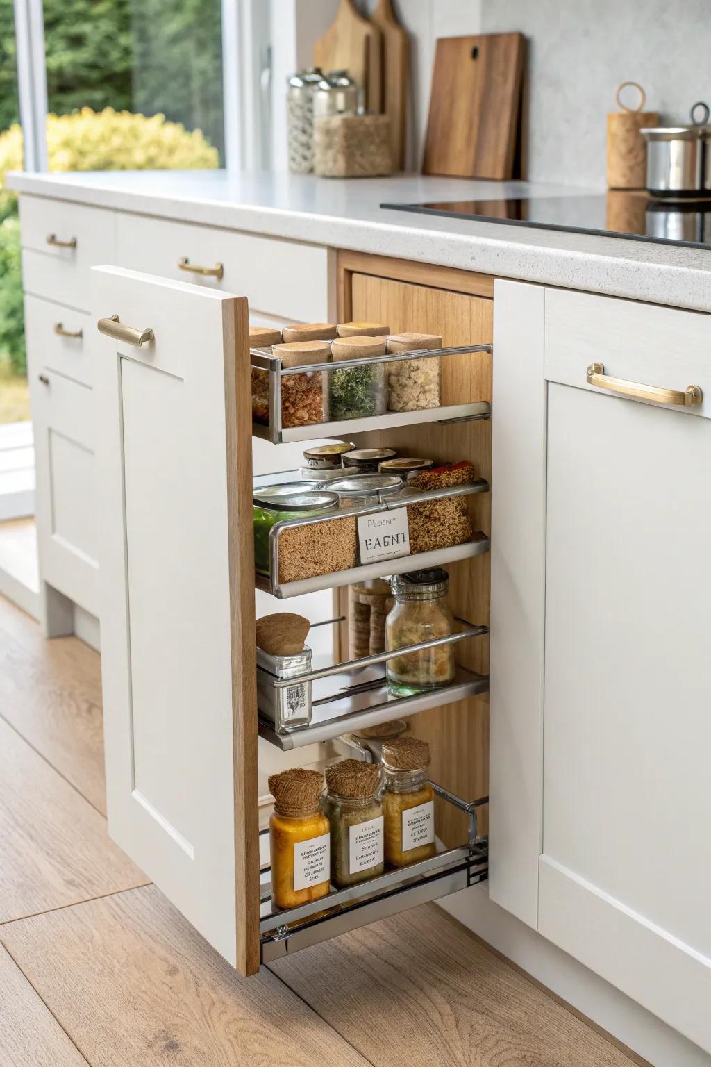A slim pull-out spice rack turns that end-cabinet gap into beautiful, no-clutter storage.