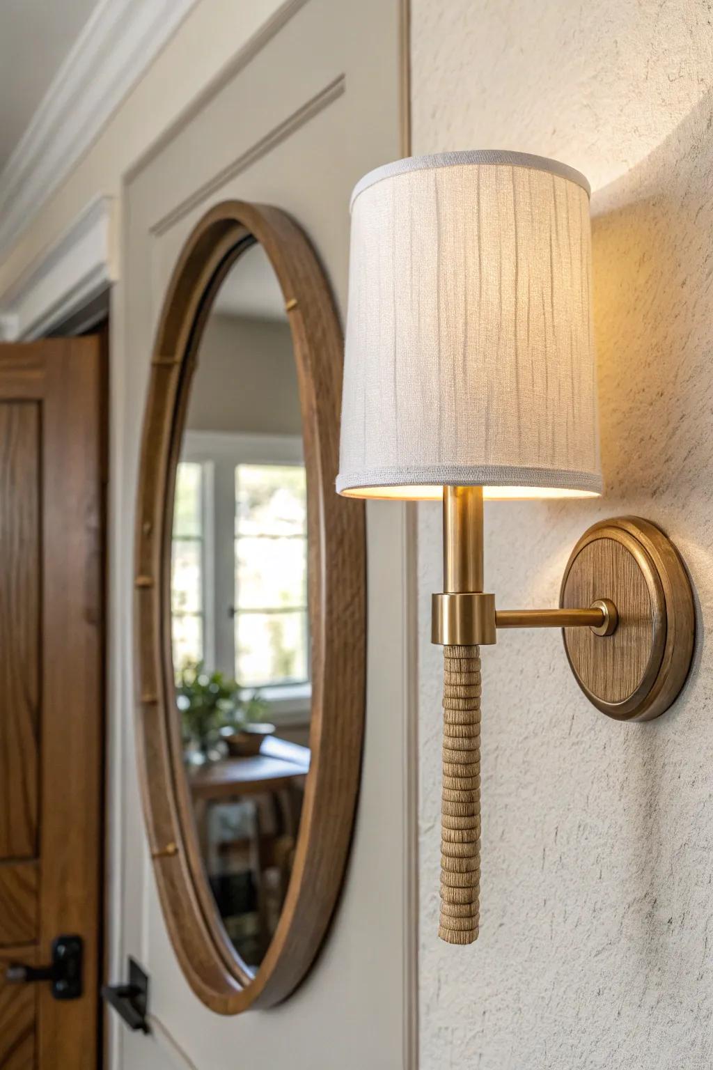 Soft wall sconces add a calm, high-end glow to a modern hallway—perfect by the mirror.