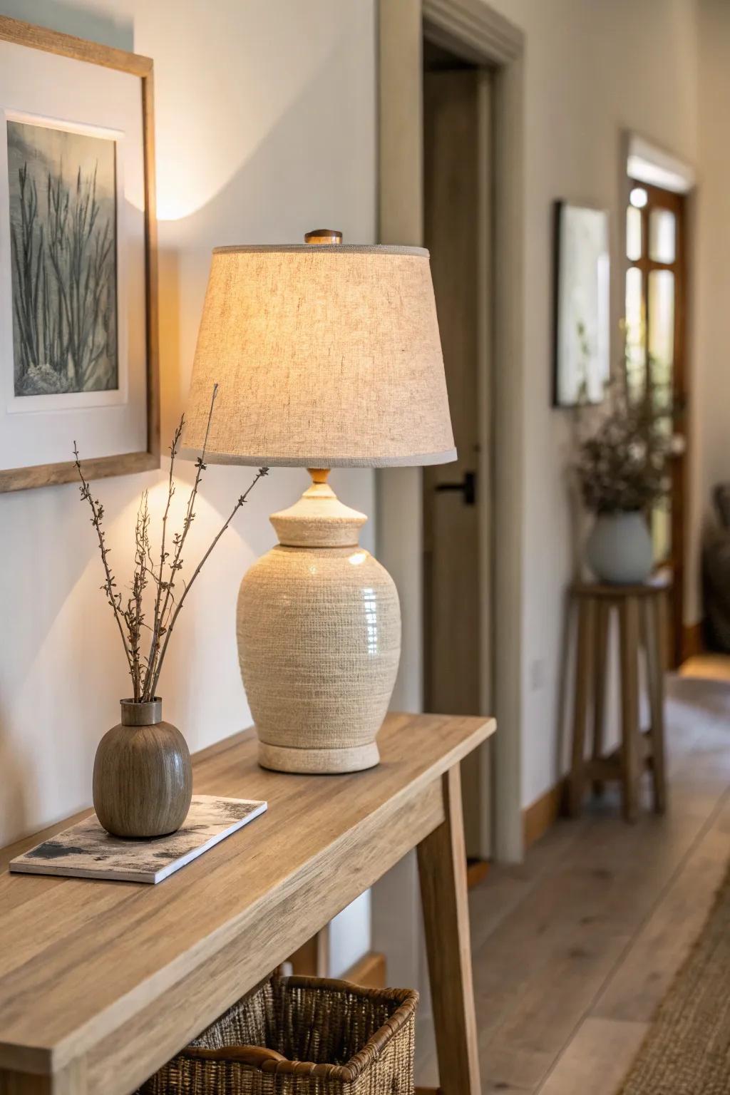Warm table-lamp glow turns a narrow entry into a cozy welcome—layer light beyond overhead.