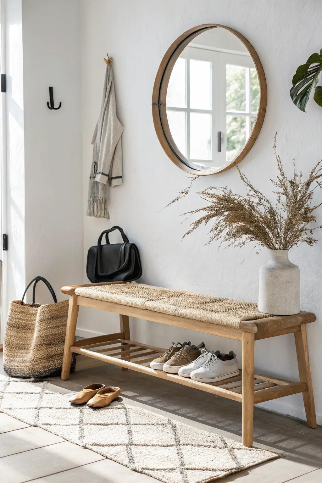 Bench + mirror + hooks: a mini mudroom moment that keeps a tiny entryway calm and chic.