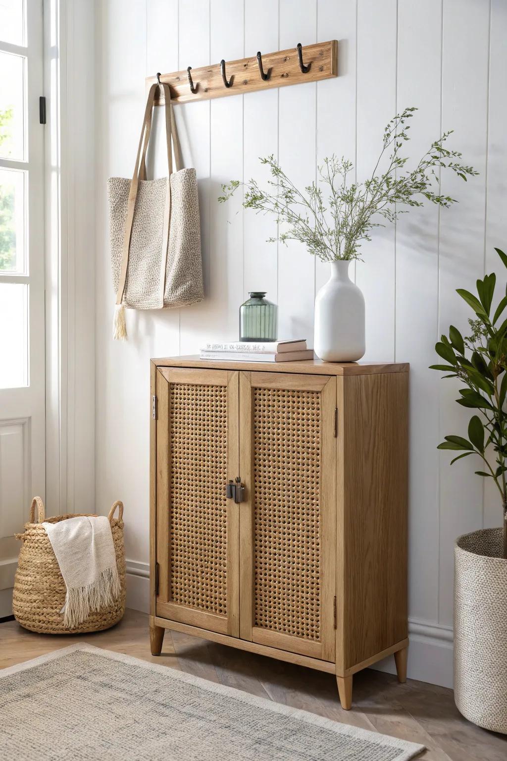 A slim oak cabinet + tidy wall hooks: the prettiest grab‑and‑go launch pad for small entryways.