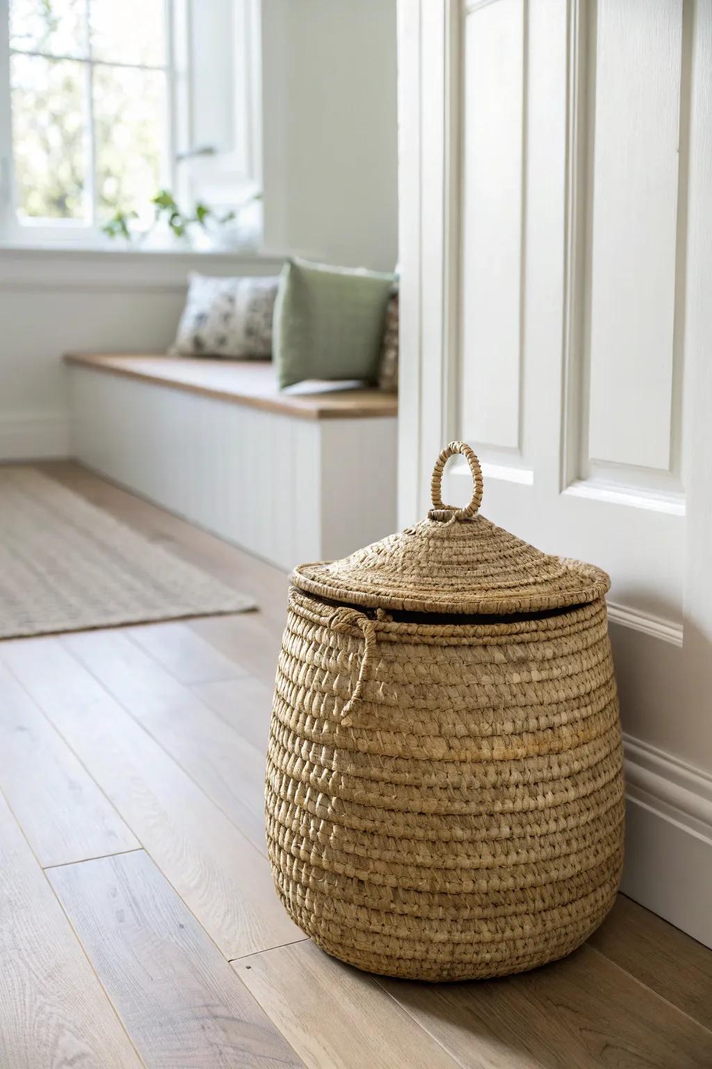 A lidded woven basket keeps entryway clutter out of sight—Scandi minimal with a boho touch.