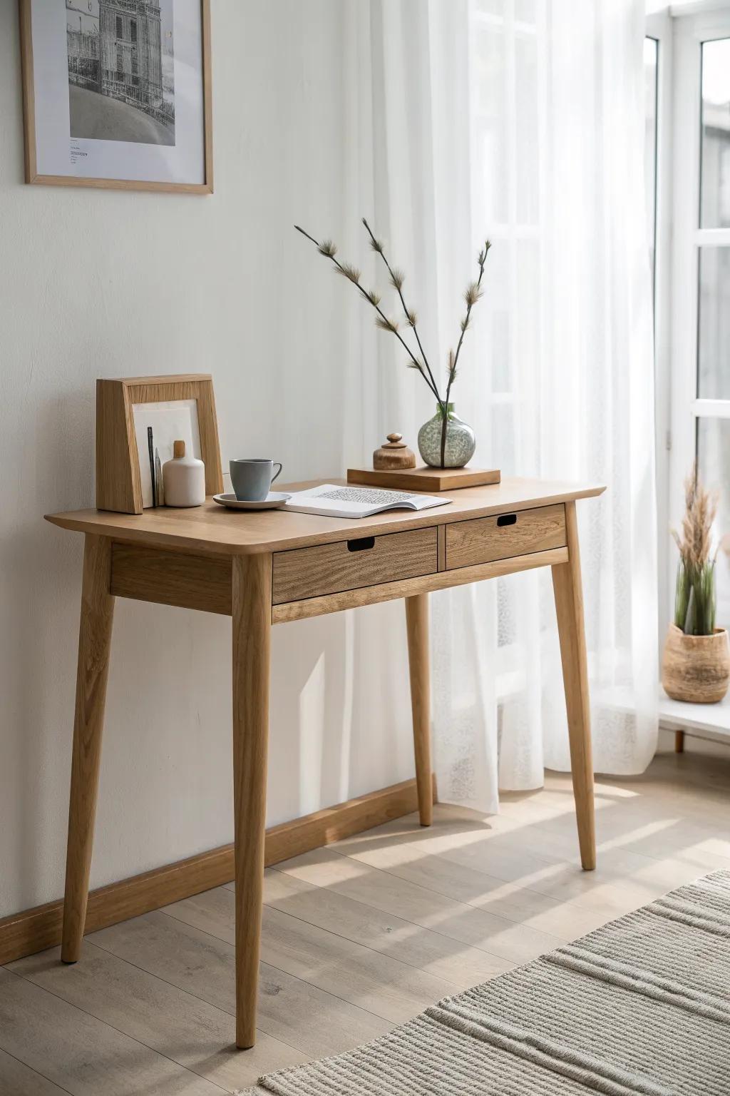 A slim window-facing entry desk that turns a small foyer into a bright mini office nook.